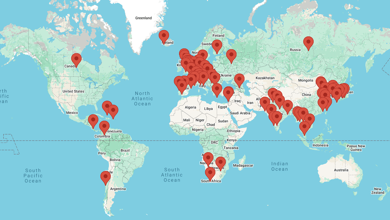 Map of the world with points plotted